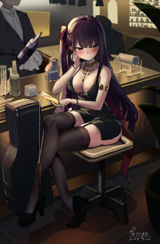 1girl 2others absurdres bar_(place) bare_shoulders black_dress blush breasts cleavage crossed_legs dress facing_viewer frown girls&#039;_frontline girls&#039;_frontline_2:_exilium hand_on_own_cheek hand_on_own_face hand_up head_rest high_heels highres leaning_to_the_side long_hair medium_breasts multiple_others no_bra purple_hair putoya red_eyes red_hair side_ponytail sitting sleeveless sleeveless_dress solo_focus spilling thighhighs thighs very_long_hair wa2000_(ballroom_interlude)_(girls&#039;_frontline) wa2000_(girls&#039;_frontline)