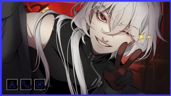 :d a_date_with_death bedroom black_gloves blue_border border camera casper_(a_date_with_death) crossed_bangs fake_screenshot gloves grin highres holding holding_camera jacket jacket_partially_removed lamp looking_at_viewer multicolored_gloves nightstand non-web_source official_art one_eye_closed open_mouth red_eyes red_gloves sleeveless sleeveless_turtleneck smile sparkle turtleneck v