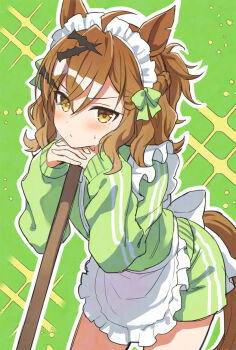 Rule 34 | 1girl, ahoge, alternate costume, animal ears, apron, blush, bow, breasts, broom, brown hair, closed mouth, commentary request, frilled apron, frills, green bow, green jacket, green shorts, hair between eyes, hair ornament, hairclip, head rest, holding, holding broom, horse ears, horse girl, horse tail, interlocked fingers, jacket, jersey maid, jungle pocket (umamusume), long sleeves, looking at viewer, maid, maid apron, maid headdress, mauve, medium hair, shorts, solo, tail, track jacket, umamusume, unconventional maid, waist apron, white apron, white headdress, yellow eyes