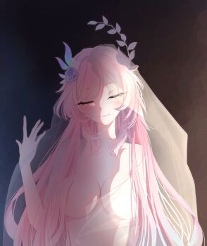 Rule 34 | 1girl, breasts, bridal veil, chebu artist, closed eyes, closed mouth, commentary, convenient hair, cyrene (demiurge) (honkai: star rail), cyrene (honkai: star rail), highres, honkai: star rail, honkai (series), large breasts, long hair, nude, pink hair, smile, solo, veil, very long hair