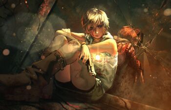 Rule 34 | 1girl, absurdres, barley juice, blonde hair, blood, blood on clothes, blood on face, boots, brown boots, closed mouth, commentary, english commentary, flashlight, green skirt, gun, handgun, heather mason, highres, holding, holding gun, holding weapon, knees up, mirror, short hair, silent hill (series), silent hill 3, sitting, skirt, solo, vest, weapon, white vest