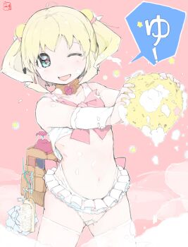 1girl bikini blonde_hair flat_chest frilled_bikini frills green_eyes holding holding_sponge kinomoto_(nazonoinu) loli navel one_eye_closed open_mouth original short_hair smile solo sponge steam swimsuit thighhighs white_bikini white_thighhighs