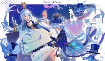 2girls absurdres ahoge ascot asymmetrical_gloves blue_ascot blue_eyes blue_gem blue_hair blue_hat blue_jacket blue_sleeves crown dress drop-shaped_pupils floating_hair focalors_(genshin_impact) from_side furina_(genshin_impact) gem genshin_impact gloves hand_on_own_cheek hand_on_own_face hat heterochromia highres holding_hands instrument jacket jishuu long_hair long_sleeves looking_at_another looking_at_object lying mismatched_gloves multicolored_hair multiple_girls on_stomach piano playing_instrument playing_piano puffy_sleeves shorts sitting symbol-shaped_pupils white_dress white_hair white_shorts