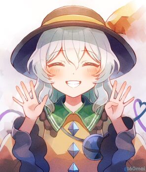 1girl 60mai black_hat blush character_name closed_eyes collared_shirt frilled_sleeves frills green_ribbon green_skirt grin hands_up hat hat_ribbon heart heart_of_string komeiji_koishi long_sleeves parted_lips ribbon shirt simple_background skirt smile solo third_eye touhou white_background