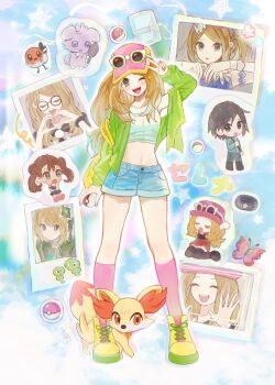 1boy 2girls ;d alternate_costume blue_shorts calem_(pokemon) commentary espurr eyewear_on_headwear fennekin fletchling gen_6_pokemon green_jacket grey_eyes happy hat holding holding_poke_ball jacket knees legendary_pokemon long_hair multiple_girls nintendo one_eye_closed open_clothes open_jacket open_mouth photo_(object) pink_hat pink_socks poke_ball poke_ball_(basic) pokemon pokemon_(creature) pokemon_masters_ex pokemon_xy serena_(champion)_(pokemon) serena_(pokemon) serena_(sygna_suit)_(pokemon) shauna_(pokemon) shirt shoes short_shorts shorts sleeveless sleeveless_shirt smile socks sunglasses symbol-only_commentary tyou08665851 v vivillon yellow_shoes zygarde zygarde_core