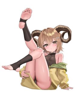 1girl absurdres arm_support bare_shoulders barefoot black_leotard blush breasts brown_eyes brown_hair cameltoe choker earrings feet goat_horns grabbing_own_thigh hair_between_eyes highres horns jacket jewelry kensiejan knee_up large_horns leg_up leotard loli long_sleeves looking_at_viewer medium_hair off_shoulder original sideboob simple_background single_earring sleeves_past_wrists small_breasts soles stirrup_legwear sweat sweatdrop toeless_legwear toenails toes white_background white_choker yellow_jacket