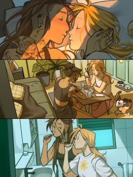 Rule 34 | 2girls, bathroom, black shorts, blonde hair, bowl, breasts, brushing teeth, cat, chopsticks, cleavage, commentary, couch, crop top, dark-skinned female, dark skin, ear piercing, earphones, english commentary, food, gluca, hair bun, highres, holding, holding chopsticks, imminent kiss, midriff, mirror, monitor patch, multiple girls, navel, neck tattoo, noodles, original, pet bowl, piercing, plant, plug (piercing), ponytail, potted plant, ramen, shirt, shorts, shoulder tattoo, single hair bun, sink, small breasts, t-shirt, tank top, tattoo, undercut, unfinished, white shirt, white tank top, yuri