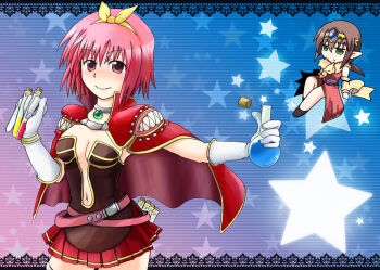 2girls animal animal_around_neck apple border bow breasts brown_shirt cape cellphone chibi chibi_inset circlet closed_mouth commentary_request cork cowboy_shot creator_(ragnarok_online) detached_sleeves dress flask food fox fruit gloves green_apple green_eyes hair_bow lace lace_border looking_at_another looking_at_viewer medium_breasts miniskirt multiple_girls navel ornate_border phone pink_eyes pink_hair pleated_skirt plunging_neckline pointy_ears potion professor_(ragnarok_online) ragnarok_online red_cape red_dress red_skirt round-bottom_flask shirt short_hair skirt sleeveless sleeveless_dress smile solo_focus souka_(seelowe) star_(symbol) strapless strapless_shirt vial white_gloves yellow_bow yellow_sleeves