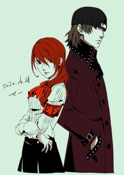 Rule 34 | 1boy, 1girl, aragaki shinjirou, beanie, black skirt, bow, brown eyes, gekkoukan high school uniform, hair over one eye, hat, highres, kirijou mitsuru, komatsubara sei, long hair, looking at viewer, persona, persona 3, red eyes, red hair, school uniform, simple background, skirt, smile, white background