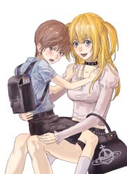 Rule 34 | 10kira, 1boy, 1girl, :d, age difference, aged down, amane misa, backpack, bag, black bag, black choker, black shorts, blonde hair, blue shirt, book, brown eyes, brown hair, choker, commentary, cross, cross necklace, death note, grey eyes, highres, jewelry, juliet sleeves, long sleeves, looking at viewer, necklace, open mouth, puffy sleeves, randoseru, shirt, short hair, short sleeves, shorts, simple background, sitting, sitting on lap, sitting on person, smile, socks, spiked choker, spikes, symbol-only commentary, thighs, time paradox, two side up, upper body, white background, white shirt, white socks, yagami light