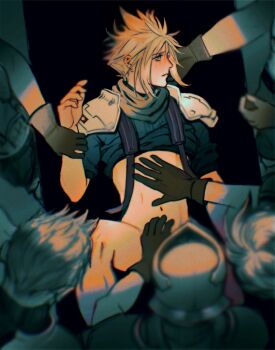 armor black_background black_gloves blonde_hair blush chocobowings clothes_lift cloud_strife crisis_core:_final_fantasy_vii final_fantasy final_fantasy_vii gangbang gloves green_scarf group_sex hand_on_another&#039;s_stomach helmet highres holding_another&#039;s_wrist multiple_boys navel no_pants parted_lips scarf shirt_lift short_hair shoulder_armor sleeves_rolled_up soldier spiked_hair suspenders yaoi