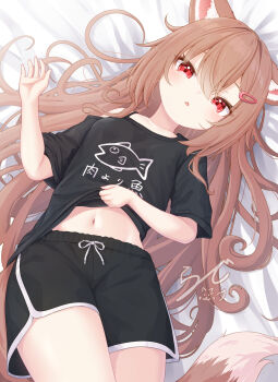 1girl animal_ear_fluff animal_ears animal_print artist_name bed_sheet black_shirt black_shorts breasts brown_hair clothes_lift collarbone commentary_request dolphin_shorts fish_print hair_ornament hairclip highres long_hair looking_at_viewer lying navel on_back open_mouth original rade_(rade_552) red_eyes shirt shirt_lift short_shorts short_sleeves shorts signature small_breasts solo tail very_long_hair wolf_ears wolf_girl wolf_tail