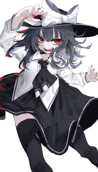 1girl absurdres alternate_eye_color alternate_hair_length alternate_hairstyle ascot black_ascot black_hair black_hat black_skirt black_socks bow collared_shirt fang frilled_shirt frills hair_between_eyes hair_bow hat highres large_bow long_sleeves medium_hair muraryo open_mouth red_eyes red_nails shirt simple_background skirt sleeve_cuffs socks solo touhou usami_renko white_background white_bow white_shirt wide_brim