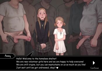 2girls 6+boys age_difference animated between_legs black_pantyhose black_sweater blonde_hair blue_eyes closed_mouth clueless cross crucifix dark-skinned_male dark_skin dress embarrassed fat fat_man feet_out_of_frame grey_background grey_skirt hand_between_legs hand_on_own_arm hetero large_penis live2d loli long_hair long_sleeves looking_at_another looking_to_the_side looping_animation low_twintails male_masturbation masturbation medium_hair multiple_boys multiple_girls nervous original pantyhose penis short_twintails siblings simple_background sisters size_difference skirt smile speech_bubble standing sweater tagme teeth testicles twintails ugly_bastard uncensored upper_teeth_only v_arms video white_dress ykamori