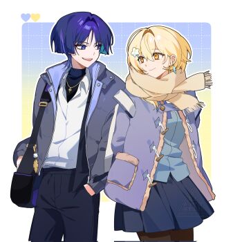 Rule 34 | 1boy, 1girl, alternate costume, aqua hair, arms at sides, arms behind back, bag, black bag, black pants, black shirt, black skirt, blonde hair, blue feathers, blue shirt, blunt ends, border, brown pantyhose, brown scarf, choppy bangs, closed mouth, collared shirt, colored inner hair, commentary request, contemporary, earrings, eyelashes, eyeliner, feather earrings, feathers, flower, fringe trim, genshin impact, gold necklace, gold pendant, grey jacket, grey sleeves, grid background, hair flower, hair intakes, hair ornament, hairclip, hand in pocket, heart, highres, jacket, jewelry, korean commentary, layered shirt, long sleeves, looking at another, lumine (genshin impact), makeup, multicolored hair, necklace, open clothes, open collar, open jacket, open mouth, pants, pantyhose, pleated skirt, pom pom (clothes), purple eyes, purple hair, purple jacket, red eyeliner, red pupils, scaramouche (genshin impact), scarf, school uniform, shirt, short hair, shoulder bag, sia37068010, skirt, smile, tareme, teeth, tsurime, turtleneck, turtleneck shirt, two-sided fabric, two-sided jacket, undershirt, upper teeth only, wanderer (genshin impact), watermark, white border, white flower, white shirt, yellow eyes, yellow feathers
