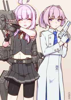 2girls absurdres adapted_turret ahoge bike_shorts bike_shorts_under_skirt black_gloves black_shorts black_vest blue_archive blue_eyes blue_necktie braid braided_bun browning_hi-power closed_eyes collared_jacket cosplay costume_switch crossover dress_shirt fingerless_gloves gloves grey_skirt grey_vest gun hair_bun halo handgun highres holding holding_gun holding_weapon jacket kantai_collection kaya_(blue_archive) kaya_(blue_archive)_(cosplay) long_hair long_sleeves miniskirt multiple_girls namaata name_connection neck_ribbon necktie open_mouth paper_stack pink_hair pleated_skirt ponytail red_ribbon ribbon school_uniform shiranui_(kancolle) shiranui_kai_ni_(kancolle) shiranui_kai_ni_(kancolle)_(cosplay) shirt short_hair short_ponytail short_sleeves shorts shorts_under_skirt sidelocks skirt vest weapon white_gloves white_shirt