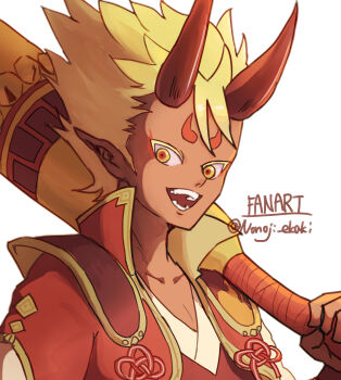 1boy artist_name blonde_hair club_(weapon) colored_skin enma_daiou_(youkai_watch) holding holding_weapon horns looking_at_viewer nonoji_(nonoji_ekaki) open_mouth orange_eyes over_shoulder pointy_ears red_horns red_skin simple_background solo teeth upper_body weapon weapon_over_shoulder white_background youkai_(youkai_watch) youkai_watch
