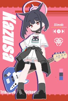 1girl absurdres animal_ears black_choker black_hair black_shoes black_socks blue_archive cat_ears character_name choker closed_mouth clothes_around_waist colored_inner_hair extra_ears full_body guitar halo hashtag-only_commentary highres holding holding_guitar holding_instrument instrument kazusa_(band)_(blue_archive) kazusa_(blue_archive) looking_at_viewer mask mask_pull miniskirt mouth_mask multicolored_hair official_alternate_costume pink_background pink_hair pink_halo pixel_art progress_bar red_eyes shirt shoes short_hair short_sleeves skirt slmnk10124 socks solo standing thigh_strap two-tone_hair white_shirt white_skirt