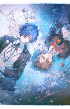 Rule 34 | 1boy, 1girl, black jacket, black ribbon, blue hair, bow, bowtie, brown hair, commentary request, digital walkman, dress shirt, earphones removed, from above, gekkoukan high school uniform, grey eyes, hair between eyes, hair ornament, hairclip, hashtag-only commentary, highres, jacket, letterboxed, long sleeves, looking at viewer, looking up, lying, lying on water, mp3 player, on back, open clothes, open jacket, own hands clasped, own hands together, parted lips, persona, persona 3, persona 3 portable, petals, red bow, red bowtie, red eyes, ribbon, school uniform, shiomi kotone, shirt, short hair, upper body, walkman nw-s203f, white petals, white shirt, you'er, yuuki makoto (persona 3)