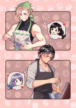 Rule 34 | 2boys, :>, apron, babigonice, black hair, blonde hair, bowl, braid, clive rosfield, cloud strife, cooking, egg, final fantasy, final fantasy vii, final fantasy xvi, grey hair, headscarf, heart, highres, in-franchise crossover, jill warrick, long hair, low-tied long hair, multiple boys, single braid, sleeveless, sleeveless turtleneck, spiked hair, tifa lockhart, turtleneck, valentine
