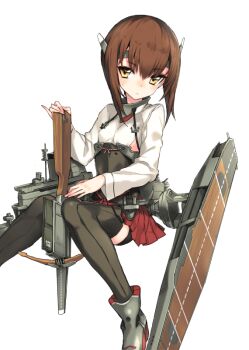 1girl \||/ anchor bike_shorts blush boots bow_(weapon) breasts brown_eyes brown_hair commentary_request crossbow flat_chest headband headgear holding holding_crossbow holding_weapon kantai_collection koto_suomi looking_at_viewer pleated_skirt repeating_crossbow revision short_hair simple_background sitting skirt small_breasts solo sweatdrop taihou_(kancolle) taihou_kai_(kancolle) thighhighs weapon white_background