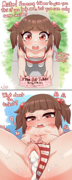 1girl 2koma absurdres after_vaginal aftersex arm_support artist_logo bare_arms bare_shoulders before_and_after blue_sky blush breasts brown_hair clothing_aside collarbone comic cowboy_shot cum cum_in_pussy cum_overflow cumdrip day dot_nose english_text eyebrows eyelashes female_focus fingernails from_above from_below full_body half-closed_eyes hetero highres holding holding_ticket leaning_back logo loli medium_hair moaning multiple_views nipples original outdoors panties panties_aside pov presenting pussy radiosylent red_eyes red_panties red_shirt red_skirt sad sequential shirt shoes short_twintails sitting skirt sky sleeveless sleeveless_shirt small_breasts standing striped_clothes striped_panties sweat third-party_edit ticket trembling twintails two-tone_panties two-tone_shirt uncensored underwear white_footwear white_panties white_shirt