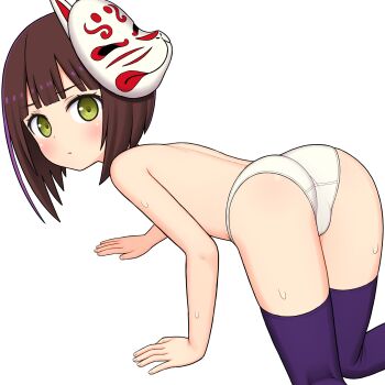 1girl all_fours ami_(ammy33) ass back blush bob_cut brown_hair etrian_odyssey feet_out_of_frame female_focus fox_mask loli looking_at_viewer mask mask_on_head panties sekaiju_no_meikyuu sekaiju_no_meikyuu_3 shinobi_(sekaiju) shinobi_4_(sekaiju) solo sweat thighhighs topless_female underwear white_background white_panties yellow_eyes