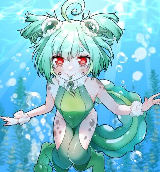 1girl 2025 ahoge air_bubbles breasts commission dokogero enon_kt flat_chest freckles frog_girl frog_tail green_hair highres indie_virtual_youtuber loli rebbi_rompin sitting small_breasts underwater water