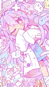 Rule 34 | 1girl, ahoge, bandaged leg, bandages, bandaid on thigh, blue shirt, bright pupils, cat, coat, commentary request, eyes visible through hair, fork, hair between eyes, highres, lab coat, medicine, nemuri-chan, okusuri nonde neyou (vocaloid), one eye closed, open clothes, open coat, pastel colors, pink eyes, pink theme, purple hair, richard (richaball), shirt, sleep mask, sleeves past fingers, sleeves past wrists, tears, two side up, uwu, white coat, white pupils