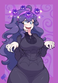 1girl @_@ alternate_breast_size_(larger) big_hair black_dress black_nails blue_eyes breasts cross-eyed dazed dizzy dress drooling fluffy_hair gastly gen_1_pokemon hairband hex_maniac_(pokemon) hex_maniac_(pokemon_xy) highres knockout large_breasts long_hair megamallet nintendo open_mouth pokemon pokemon_xy purple_hair purple_hairband saliva seeing_stars silk spider_web spider_web_pattern thick_thighs thighs tongue tongue_out very_long_hair wavy_hair wide_hips