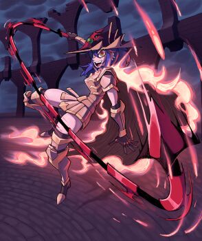 Rule 34 | 1girl, absurdres, arena, armor, armored boots, blue hair, boots, breastplate, breasts, brick floor, cape, cloud, cloudy sky, commentary, commission, dang (runescape), duellist's cap (tier 6), english commentary, fiery clothing, fire, full body, gladiator, gloves, hat, high ponytail, highres, holding, holding weapon, holding whip, long bangs, looking at viewer, medium breasts, old school runescape, original, ponytail, runescape, second-party source, sky, smile, solo, storm cloud, thick eyebrows, weapon, whip, whipping, yellow eyes, zals