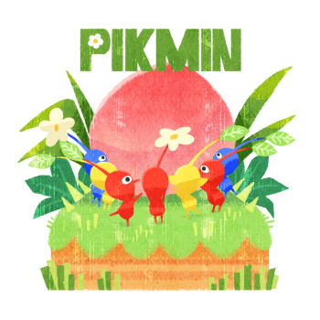 black_eyes blue_pikmin commentary_request copyright_name flower grass leaf naco_oekaki nintendo no_humans pikmin_(creature) pikmin_(series) red_pikmin simple_background standing standing_on_one_leg white_background white_flower yellow_pikmin
