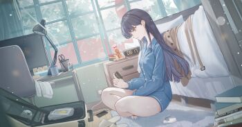 Rule 34 | 1girl, absurdres, alarm clock, bang dream!, bang dream! it's mygo!!!!!, barefoot, bed, bedroom, black hair, blue shirt, blue shorts, cellphone, chair, clock, commentary, commission, english commentary, gingerbread man, highres, indian style, indoors, light particles, long hair, long sleeves, monitor, mygo!!!!! (bang dream!), pajamas, phone, purple eyes, road sign, second-party source, shiina taki, shirt, shorts, sign, sitting, smartphone, solo, stop sign, suitcase, window, wuzhuang caikuangche