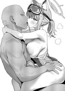 1boy 1girl animal_ear_fluff animal_ears arms_around_neck bare_shoulders blue_archive breasts breasts_out competition_swimsuit cross cross_hair_ornament extra_ears faceless faceless_male french_kiss goggles goggles_on_head greyscale hair_ornament halo hands_on_another's_hips hetero highleg highleg_one-piece_swimsuit highres inverted_cross kiss large_breasts medium_hair monochrome official_alternate_costume one-piece_swimsuit rong_hui sex shiroko_(blue_archive) shiroko_(swimsuit)_(blue_archive) sitting sitting_on_lap sitting_on_person straddling swimsuit upright_straddle wolf_ears