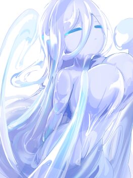 1girl breasts closed_eyes colored_skin commentary_request hair_between_eyes highres hikyou_takarasou large_breasts liquid_hair monster_girl no_nipples nude original parted_lips purple_eyes purple_skin slime_(creature) slime_(substance) slime_girl