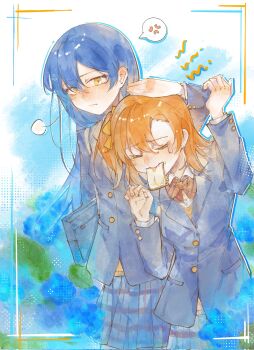 Rule 34 | 2girls, arm up, blazer, blue hair, blue jacket, blue skirt, bow, bowtie, bread, bread slice, chop, closed eyes, closed mouth, diagonal-striped bow, diagonal-striped bowtie, diagonal-striped clothes, food, food in mouth, hair bow, hand up, hashtag-only commentary, highres, holding, jacket, kosaka honoka, long hair, long sleeves, looking at another, love live!, love live! school idol project, moben, mouth hold, multiple girls, one side up, orange hair, otonokizaka school uniform, painting (medium), plaid clothes, plaid skirt, pleated skirt, red bow, red bowtie, school uniform, short hair, skirt, sonoda umi, striped bow, striped bowtie, striped clothes, tears, toast, toast in mouth, traditional media, watercolor (medium), winter uniform, yellow bow, yellow eyes