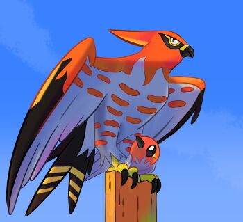 beak bird blue_sky day fletchling gen_6_pokemon highres junebuns-art nintendo no_humans outdoors pokemon pokemon_(creature) sky talonflame talons
