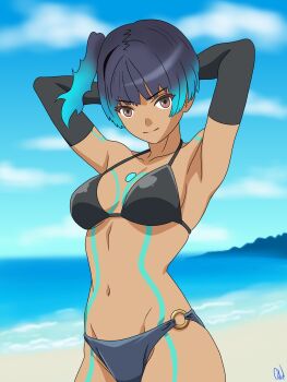 1girl arms_behind_head arttymora beach bikini black_bikini blue_hair breasts dark-skinned_female dark_skin highres looking_at_viewer medium_breasts sena_(xenoblade) short_hair side_ponytail smile solo swimsuit xenoblade_chronicles_(series) xenoblade_chronicles_3