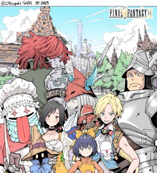 1other 3girls 4boys absurdres adelbert_steiner amarant_coral aqua_eyes arm_belt arm_tattoo armor ascot bare_shoulders bib black_choker black_hair black_mage_(final_fantasy) blonde_hair blue_coat blue_hair blue_vest blush bodysuit bow breastplate breasts brown_eyes burmecian castle chef_hat choker closed_mouth coat collarbone collared_shirt colored_skin copyright_name crystal dagger dated dreadlocks earrings eiko_carol final_fantasy final_fantasy_ix freya_crescent frown garnet_til_alexandros_xvii gloves green_eyes green_vest grey_gloves grey_hair grey_skin hair_between_eyes hair_bow hat hat_feather helm helmet highres holding holding_dagger holding_knife holding_polearm holding_staff holding_weapon hoop_earrings horns jacket jewelry juliet_sleeves knife knight lakugali_shiki lizard_tattoo long_sleeves low_ponytail medium_breasts moogle mouse_girl multiple_boys multiple_girls open_mouth orange_bodysuit orange_bow orange_overalls orange_sweater overalls parted_bangs pendant pink_bodysuit pink_coat plate_armor polearm ponytail puffy_sleeves quina_quen red_helmet red_jacket shirt short_hair shoulder_armor single_horn smile staff sweater tabard tattoo tongue tongue_out torn_clothes torn_sleeves turtleneck turtleneck_sweater twitter_username upper_body vest vivi_ornitier weapon white_ascot white_shirt white_skin winged_helmet wizard_hat yellow_eyes zidane_tribal