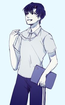 Rule 34 | 1boy, :d, blue background, boku dake ga inai machi, buttons, clipboard, collared shirt, commentary request, curtained hair, greyscale, greyscale with colored background, gym teacher, holding, holding clipboard, holding whistle, male focus, monochrome, open mouth, pants, polo shirt, shirt, short hair, short sleeves, simple background, smile, solo, tkj (0 x x), track pants, whistle, whistle around neck, yashiro gaku