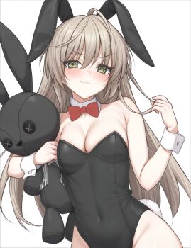 1girl :3 ahoge alternate_costume alternate_hairstyle animal_ears armpit_crease bare_shoulders black_leotard blush bow bowtie breasts brown_hair cleavage closed_mouth collarbone commentary_request cowboy_shot detached_collar eyes_visible_through_hair fake_animal_ears fake_tail ghost_villager green_eyes groin hair_between_eyes hair_down hands_up highleg highleg_leotard highres holding holding_own_hair holding_stuffed_toy kasugano_sora leotard long_hair looking_at_viewer medium_breasts mesugaki naughty_face partial_commentary rabbit_ears rabbit_tail red_bow red_bowtie sidelocks simple_background smile smug solo strapless strapless_leotard stuffed_animal stuffed_rabbit stuffed_toy tail tsurime v-shaped_eyebrows very_long_hair white_background white_wrist_cuffs wrist_cuffs yosuga_no_sora