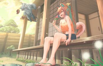 absurdres animal_ears bare_arms black_shorts blue_eyes blue_hair breasts bug butterfly cerberus cloud dog dog_ears dog_girl dog_tail feet fence food fruit highres indie_virtual_youtuber insect medium_breasts midriff miyoshino_shiki multicolored_hair off_shoulder one_eye_closed open_mouth orange_hair outdoors porch ryushi_73 sandals second-party_source shorts sitting sweatdrop tail tree two-tone_hair virtual_youtuber watermelon wooden_fence