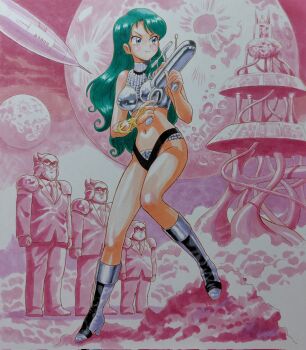 1girl 3boys aqua_hair armor barbarella barbarella_(cosplay) barbarella_(movie) bikini_armor black_panties blue_eyes boobplate boots breastplate breasts closed_mouth commentary_request cosplay energy_gun formal_clothes genji_tsuushin_agedama grey_boots hand_up high_heel_boots high_heels highres holding kuki_rei long_hair medium_breasts midriff mizutani_kenta moon multiple_boys multiple_moons navel outdoors panties pink_background poster_parody retrofuturism rock rocket_ship satou_(agedama) science_fiction smile solo_focus spacecraft standing suit sunglasses suzuki_(agedama) tanaka_(agedama) thighs traditional_media two-handed underwear weapon