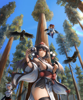 Rule 34 | 3girls, absurdres, bird, bird wings, black bird, black thighhighs, blue sky, breasts, brown hair, brown wings, camera, clear sky, crow, day, detached sleeves, edz drawz, feathered wings, forest, grin, hat, highres, himekaidou hatate, holding, holding camera, inubashiri momiji, japanese clothes, kimono, kourindou tengu costume, lens flare, looking at viewer, multiple girls, nature, no bra, obi, official alternate costume, outdoors, pelvic curtain, pom pom (clothes), red eyes, red hat, red sash, sash, shameimaru aya, side slit, sideboob, sky, smile, thick thighs, thighhighs, thighs, tokin hat, touhou, tree, underwear, watermark, white kimono, wings