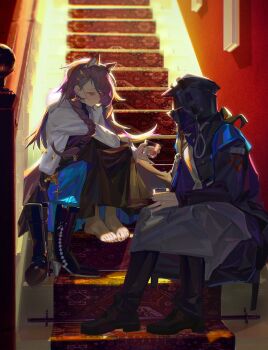 1girl absurdres animal_ears arknights barefoot black_dress boots braid brown_eyes brown_hair cup doctor_(arknights) dress extra_ears highres holding holding_cup indoors jacket jian_jia long_hair open_clothes open_jacket penance_(arknights) penance_(occasionally_flushed)_(arknights) single_braid sitting sitting_on_stairs stairs unworn_boots white_jacket wolf_ears