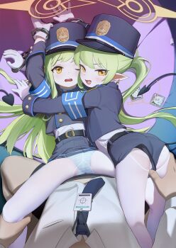 1boy 2girls absurdres age_difference akifn armband belt black_belt black_tail blue_archive blue_armband blue_hat blue_jacket blue_necktie blue_panties blue_shorts blue_skirt blush buttons clothes_lift collared_jacket collared_shirt commentary condom condom_wrapper cuffs demon_girl demon_tail dress_shirt earrings fang flat_chest from_behind gloves green_hair halo handcuffs hands_up hat highres hikari_(blue_archive) id_card jacket jewelry lanyard loli long_hair long_sleeves looking_at_viewer looking_back lying miniskirt multiple_girls necktie nozomi_(blue_archive) on_back on_person one_eye_closed panties panties_under_pantyhose pantyhose pantyhose_under_shorts peaked_cap pleated_skirt pointy_ears ponytail pov sensei_(blue_archive) sex_toy shako_cap shimaidon_(sex) shirt short_shorts shorts siblings sisters skin_fang skirt skirt_lift spread_legs striped_clothes striped_panties tail train_conductor twins two-tone_panties underwear white_gloves white_panties white_pantyhose white_shirt yellow_eyes yellow_halo