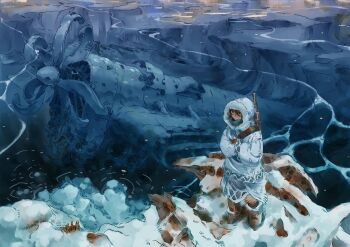 1girl aircraft blue_theme brown_mittens closed_mouth coat cold crossed_arms ephe99261012 from_above fur-trimmed_coat fur_trim gun gun_sling hair_between_eyes highres hood hooded_coat immersed jitome lake mittens original outdoors propeller rifle ripples rock scenery snow snow_boots solo standing water weapon white_coat wide_shot winter winter_clothes winter_coat wreckage