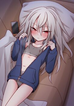 1girl bed_sheet black_bra black_panties blue_jacket blush bra breasts cellphone clothes_pull commentary_request couch elena_trafalgar embarrassed grey_hair highres ikune_juugo indoors jacket jacket_pull loli long_hair lying messy_hair navel on_back open_clothes open_jacket original panties phone pillow pulling_own_clothes red_eyes small_breasts smartphone solo stomach thigh_gap thighs training_bra underwear unzipped zipper