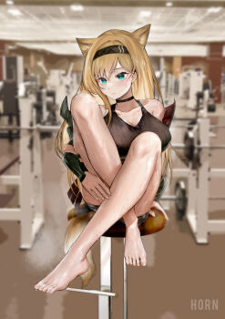 Rule 34 | 1girl, absurdres, animal ears, aqua eyes, arknights, arm guards, armor, bare shoulders, barefoot, black choker, black hairband, black sports bra, blonde hair, blurry, blurry background, breasts, bright pupils, character name, choker, cleavage, closed mouth, collarbone, commentary, crossed legs, feet, full body, hair between eyes, hairband, highres, horn (arknights), large breasts, long hair, on stool, photo background, sitting, solo, sports bra, stool, sweat, tail, toes, white pupils, wolf ears, wolf girl, wolf tail, yellow tail, yindelaixi