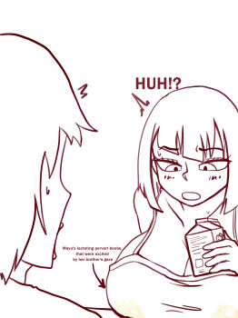 angry bob_cut breasts brother_and_sister chigoku_ drink_carton huge_breasts imagining lactation lactation_through_clothes milk_carton siblings